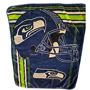 Seattle Seahawks NFL Plush Fleece Throw Blanket Navy Blue Action Green  Logo